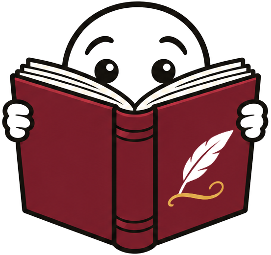 Das Zeichen des Kanals: eine Strichfigur, die hinter einem weinroten Buch hervorschaut